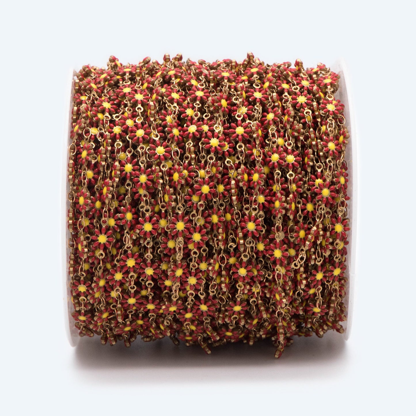 Enamel Flower Chain, Daisy Chain, Unplated Raw Brass Designer Chain 6mm, Floral Link Chain Findings, Red (#LK-461-2)/ 1 Meter=3.3ft