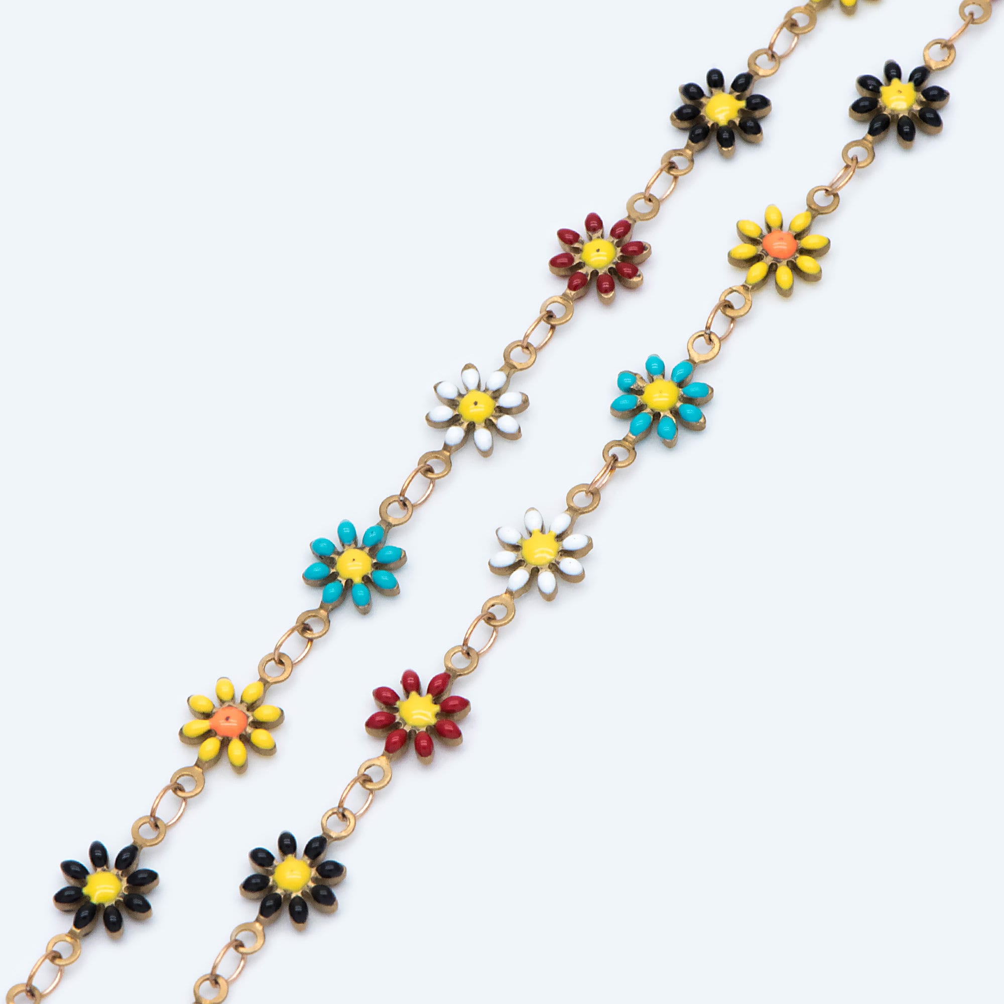 Enamel Flower Chain, Daisy Chain, Unplated Raw Brass Designer Chain 6mm, Floral Link Chain Findings, MIX Color (#LK-461-4)/ 1 Meter=3.3ft
