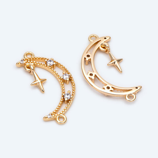 4pcs Gold Moon Charms 24x13mm, 18K Gold plated Brass, Moon Connector Pendants (GB-2394-H)