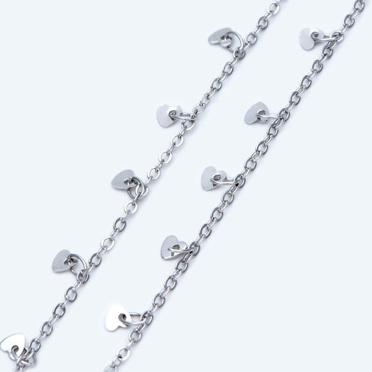 Silver tone Cable Chain with Dangling Heart Disc Charms, Rhodium plated Brass, Quality Heart Chain for Necklace (#LK-459-2)/ 1 Meter=3.3ft