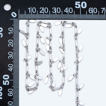 Silver Bar Chain with Dangling Oval Disc Charms, Rhodium plated Brass, Leaf Chain for Necklace Wholesale (#LK-460-2)/ 1 Meter=3.3ft