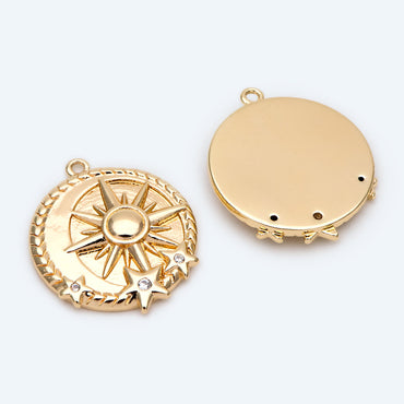 4pcs Gold Sun and Star Charms 20x17mm, 18K Gold plated Brass, CZ pave Sun Disc Pendants (GB-1232-H)
