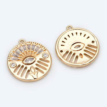 4pcs Evil Eye Pendant, CZ Pave Gold Disc Medallion Greek Eye Charm for Strength and Protection Jewelry Component (GB-1527-F)