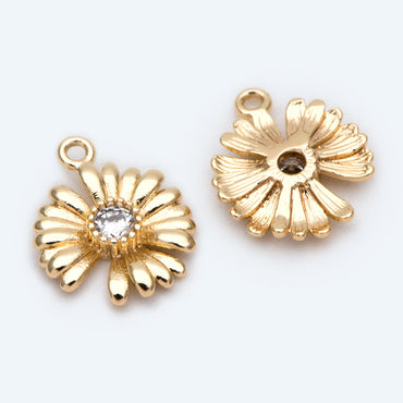 4pcs Gold CZ Pave Daisy Charms 12x10mm, 18K Real Gold plated Brass, Flower Pendants (GB-321-E)