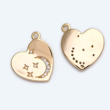 4pcs CZ pave Heart Charms, 18K Gold plated Brass, Heart Pendants with Star and Moon (GB-2277)