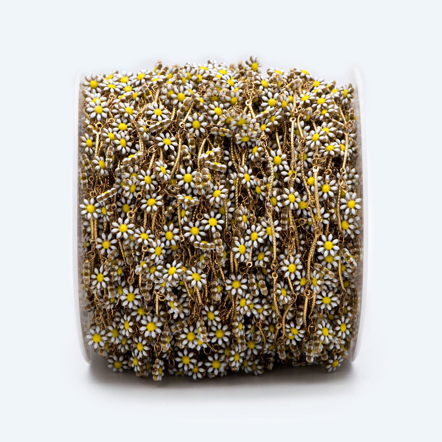 Enamel Flower Chain, Daisy Chain, Unplated Raw Brass Designer Chain 6mm, White Enamel Flowers (#LK-478-1)/ 1 Meter=3.3ft