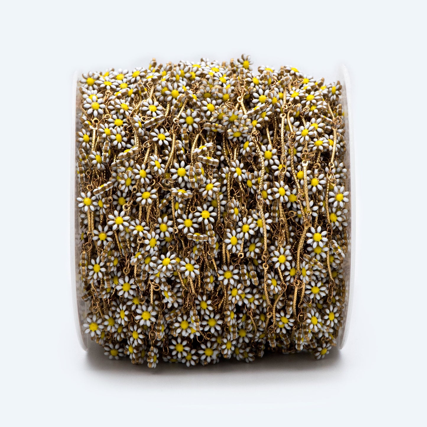 Enamel Flower Chain, Daisy Chain, Unplated Raw Brass Designer Chain 6mm, White Enamel Flowers (#LK-478-1)/ 1 Meter=3.3ft