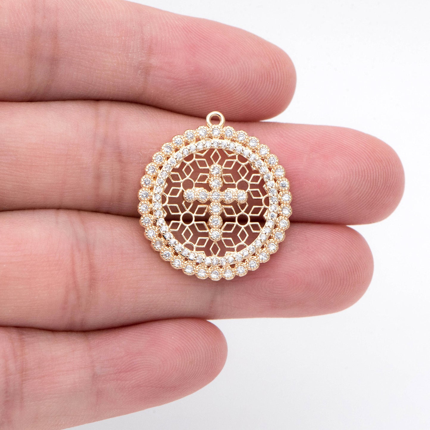 4pcs CZ pave Cross Charms 22x25mm, 18K Gold plated Brass, Filigree Hollow Cross Pendants (GB-2288-C)