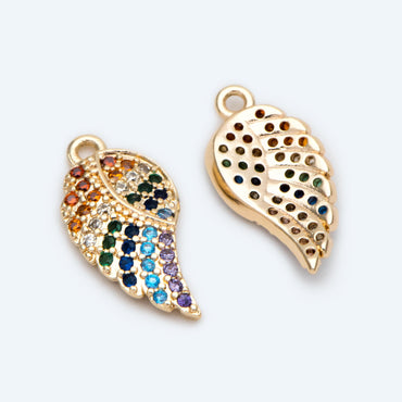 4pcs CZ Pave Gold Wing Charms 16x8mm, 18K Gold plated Brass, Rainbow Wing Pendants (GB-2321)