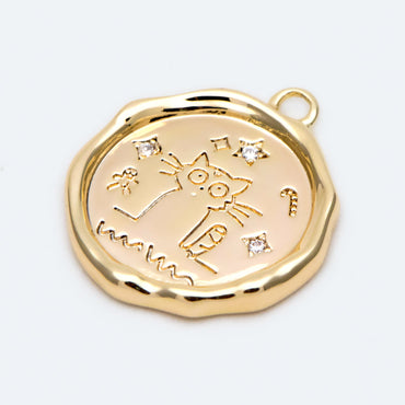 4pcs CZ Pave Gold Wax Seal Stamp Cat Charms, 15mm, 18K Gold plated Brass, Disk Pendants (GB-2507-D)