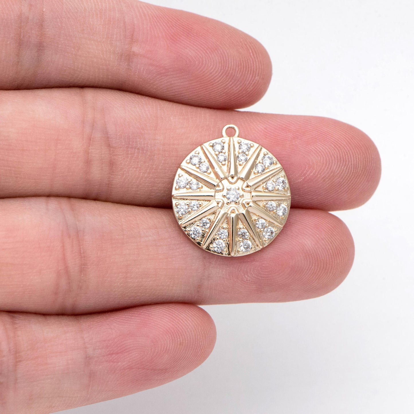 4pcs Gold Sun Disk Charms 20x18mm, 18K Gold plated Brass, CZ pave Sun Disc Pendants (GB-1232-E)