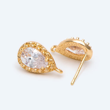 10pcs Gold/ Silver tone Teardrop Stud Earrings with Loop, CZ Pave Ear Posts 15x9mm, Gold/ Rhodium plated Brass Earring Findings (#GB-962)