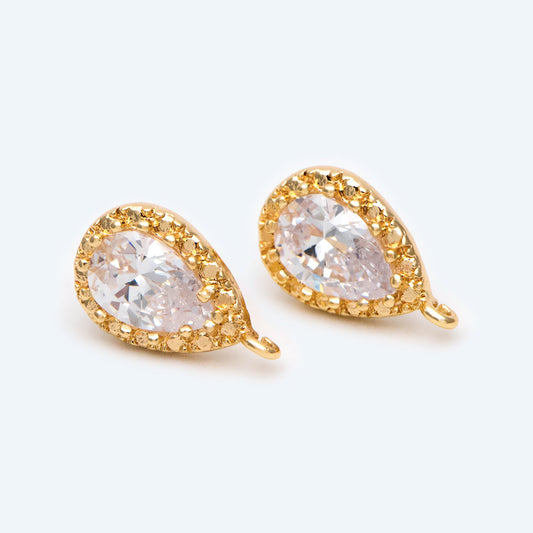 10pcs Gold/ Silver tone Teardrop Stud Earrings with Loop, CZ Pave Ear Posts 15x9mm, Gold/ Rhodium plated Brass Earring Findings (#GB-962)