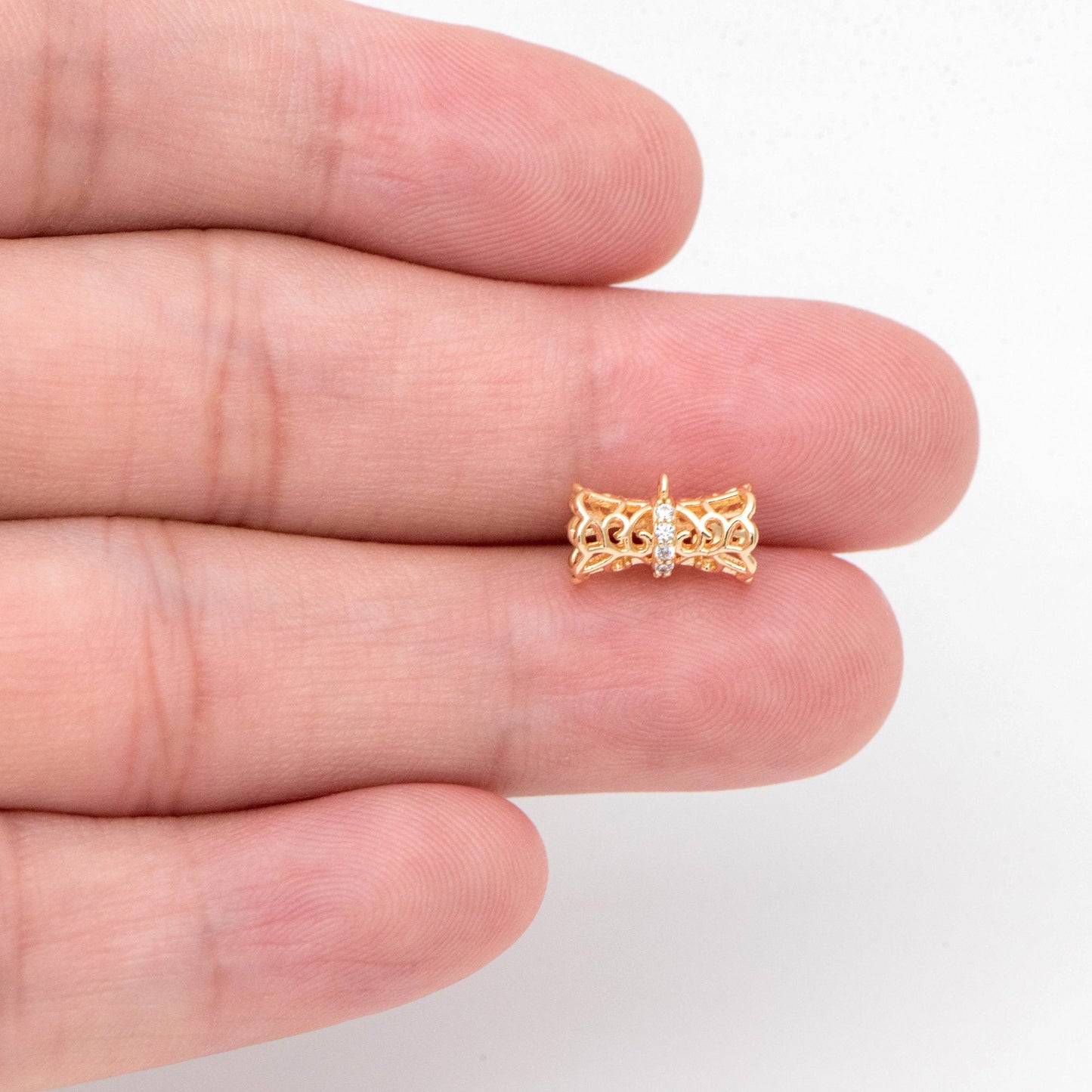 4pcs CZ Pave Gold Filigree Tube Spacer Beads with Loop, Bracelet Bails, Tube Pendant, Filigree Charm, Gold Plated Findinigs (GB-2504)