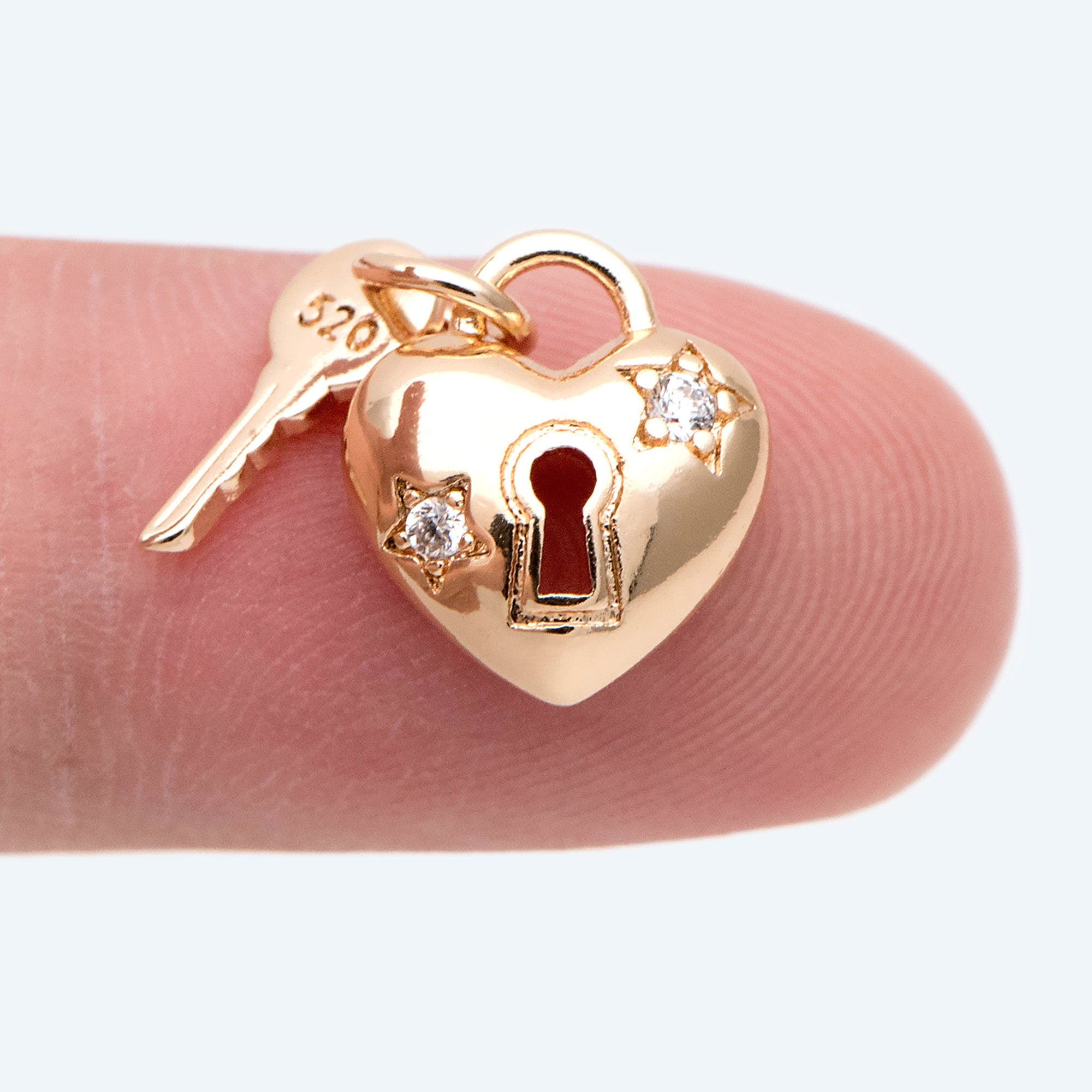 4pcs CZ Pave Gold Lock and Key Charm, Real Gold plated Brass (GB-2425)