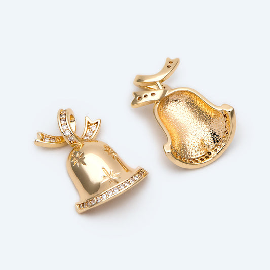 4pcs Gold Plated CZ Christmas Bell Charms: Tiny Jingle Pendants 21x14mm, (GB-713-N)