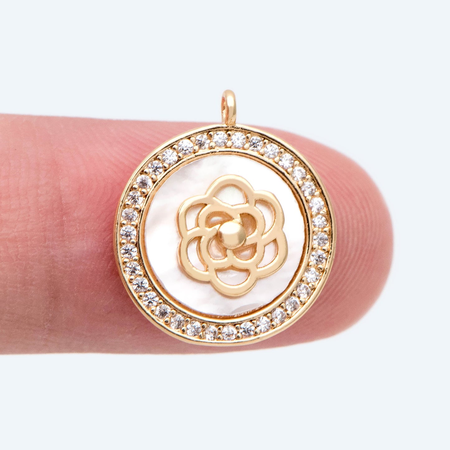 4pcs CZ Pave Gold Flower Disc Charm, Shell Disc Coin Pendants(GB-3579-D)
