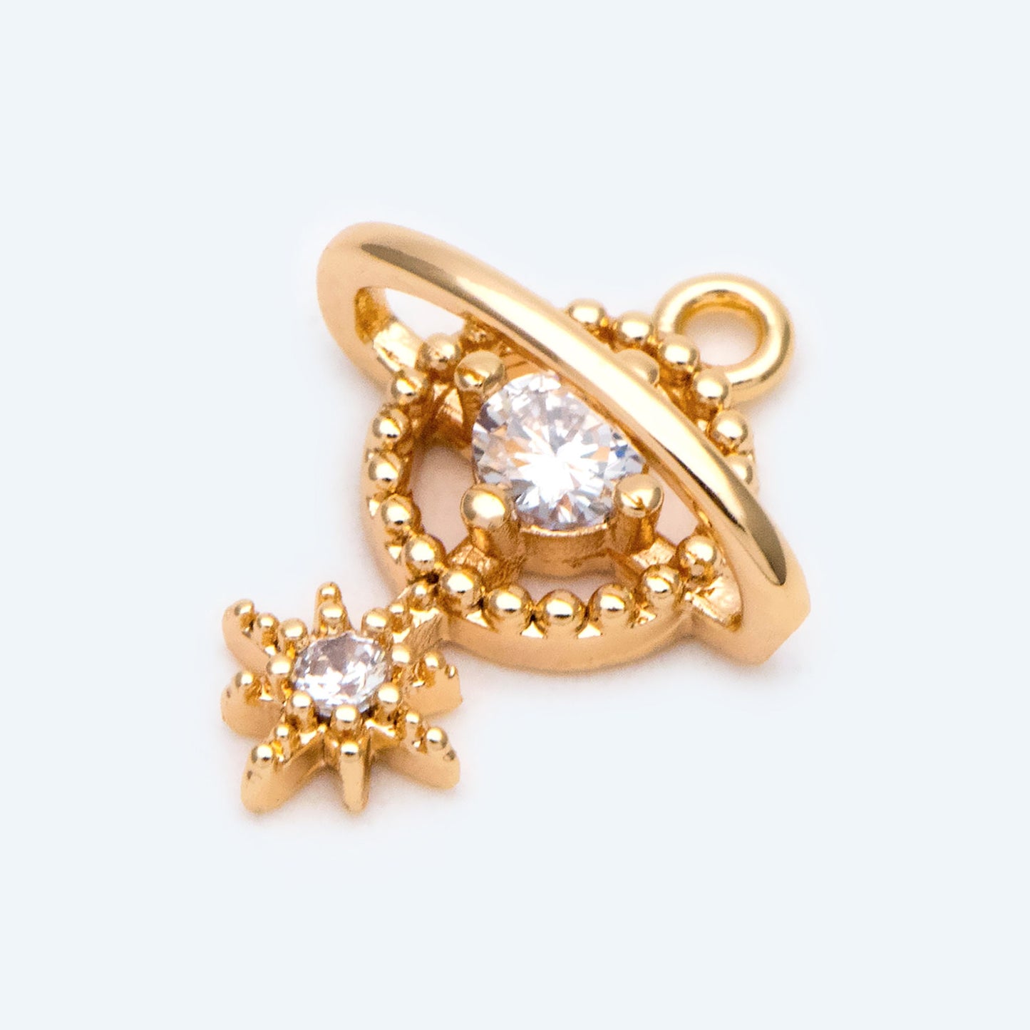 4pcs CZ Pave Gold Planet Charm, Tiny Saturn Charm 14x11mm, 18K Gold plated Brass, Saturn Pendants (GB-1173-C)