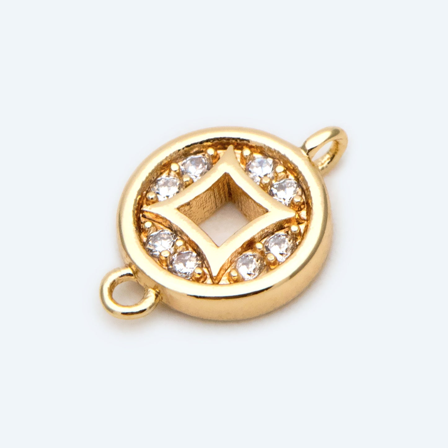 4pcs CZ Pave Gold Chinese Coin Charm, Real Gold plated Brass, Round Coin Disk Pendants (GB-2535)