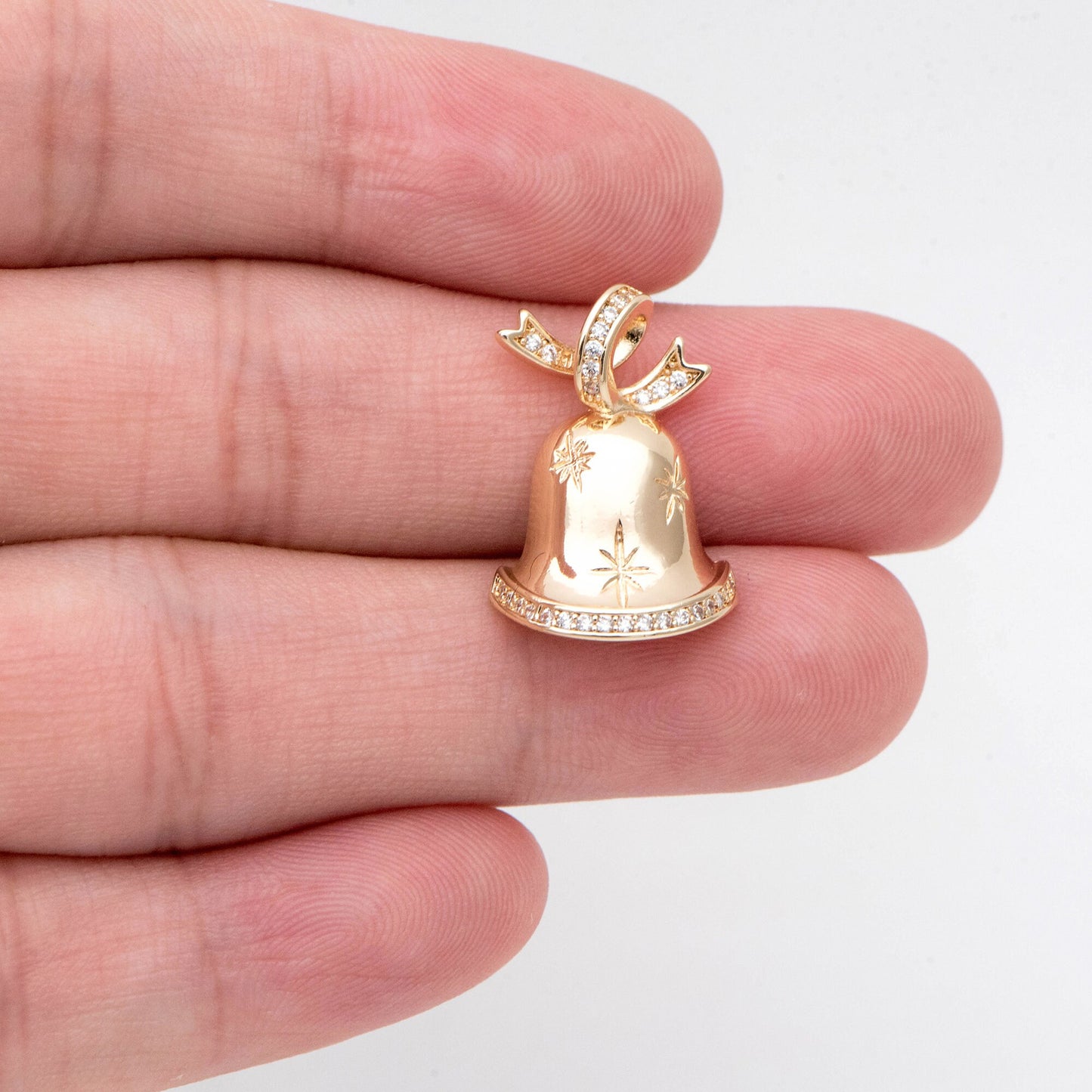 4pcs Gold Plated CZ Christmas Bell Charms: Tiny Jingle Pendants 21x14mm, (GB-713-N)