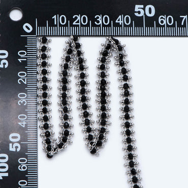 Rhodium plated Brass Beaded Chain 7mm, Silver tone Designer Chain, with Black Crystal Glass Rondelle Beads (#LK-484)/ 1 Meter=3.3ft