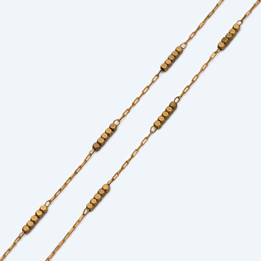 Raw Brass Beaded Chain, 0.9mm Thin Chain with 1.6mm Cube Beads, Un-plated Brass Delicate Chains (#LK-146-RB)/ 1 Meter=3.3 ft