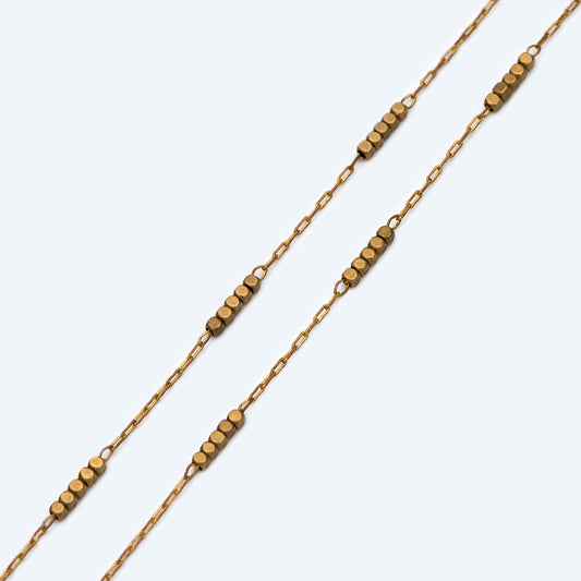Raw Brass Beaded Chain, 0.9mm Thin Chain with 1.6mm Cube Beads, Un-plated Brass Delicate Chains (#LK-146-RB)/ 1 Meter=3.3 ft