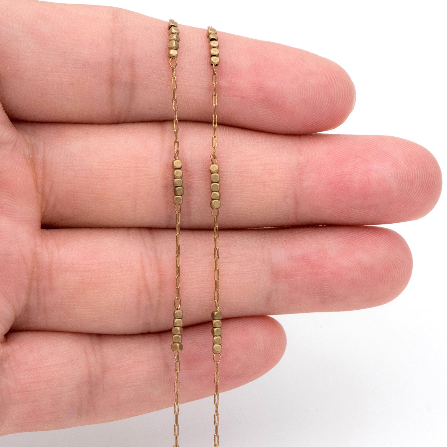 Raw Brass Beaded Chain, 0.9mm Thin Chain with 1.6mm Cube Beads, Un-plated Brass Delicate Chains (#LK-146-RB)/ 1 Meter=3.3 ft