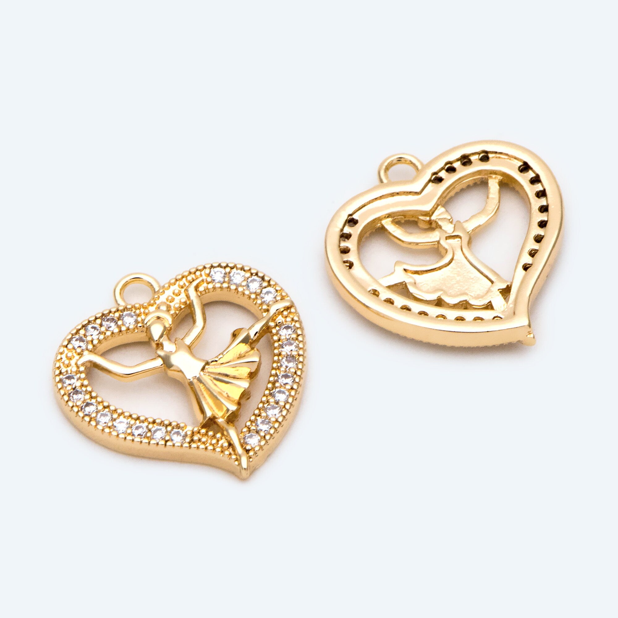 4pcs CZ pave Gold Dancer Heart Charm, Earring Findings, Jewelry Making, Diy Material, Jewelry Supplies (GB-1189-C)