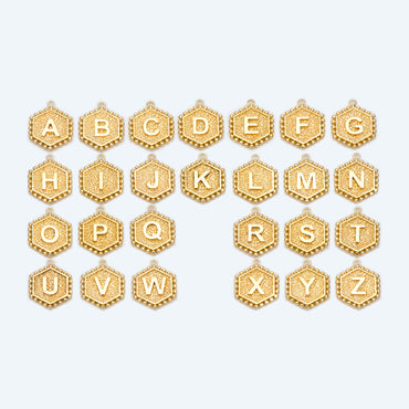 Gold/ Silver Alphabet Charms, English Letter Pendants 16x20mm, Hexagon Initial Coin Pendants, You Choose Letter (GB-2458)