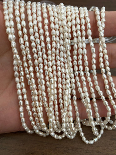 3mm Freshwater Oval Pearls, Natural White Rice Pearl (PL02-22)/ full strand
