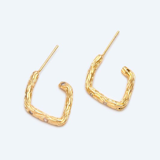 4pcs Rustic Ear Posts, 18K Gold Plated Brass, CZ pave Bar Earring Studs (GB-2606)