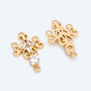 4pcs CZ Pave Gold Filigree Charms, 18K Gold plated Brass, Connector With Loops (GB-2535-E)