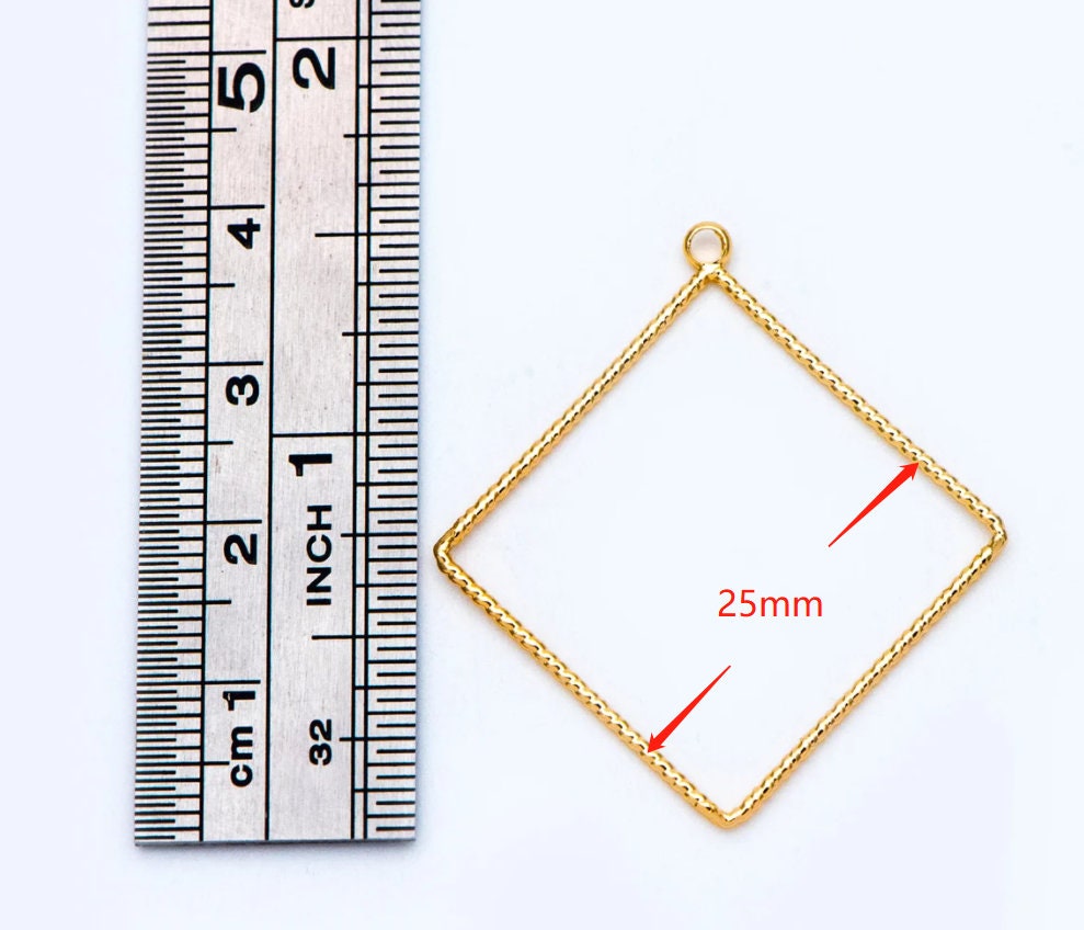 10pcs Gold Rhombus Pendants, Geometric Hoop Charms, Wired Square Links 18/ 25mm (GB-817)