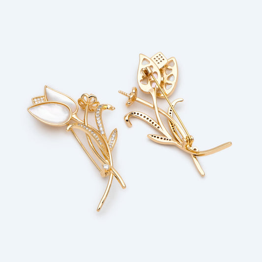 1pcs Shell Pave Gold Tulip Brooch, CZ pave Brooch With Pearl Setting (GB-2640)