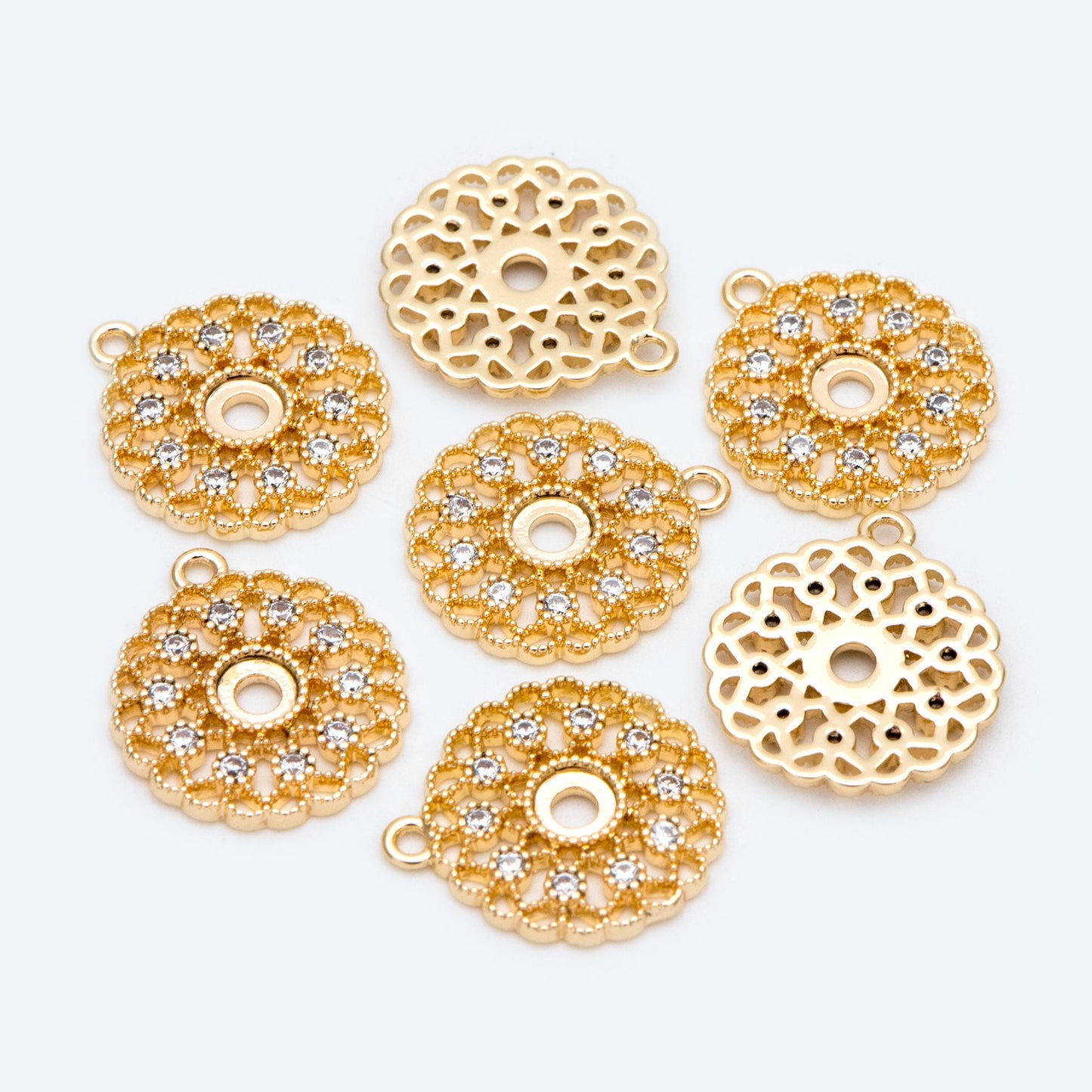 4pcs CZ Pave Gold Filigree Flower Charms, 18K Gold plated Brass, Disk Pendants (GB-2667)