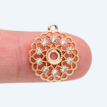 4pcs CZ Pave Gold Filigree Flower Charms, 18K Gold plated Brass, Disk Pendants (GB-2667)