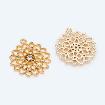 4pcs CZ Pave Gold Filigree Flower Charms, Hollow Flower Pendants, 18K Gold plated Brass(GB-2665)