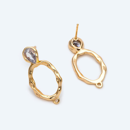 10pcs CZ pave Gold/ Silver Hammered Oval Ear Posts, Geometric Stud Earring, Jewelry Supply (GB-2702)