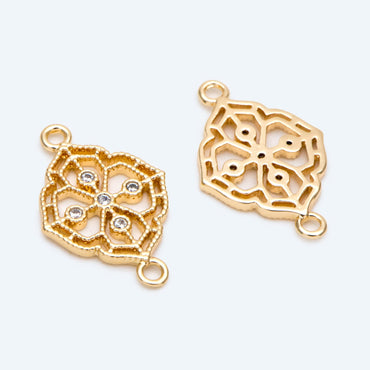 10pcs CZ Pave Gold Filigree Flower Charms Pendant, 18K Gold plated Brass Connectors (GB-3780-K)