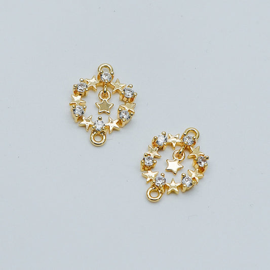 4pcs CZ Pave Gold Circle Charm Connectors 13x18mm, 18K Gold plated Brass, Christmas Ring Pendants with Star (GB-713-L)