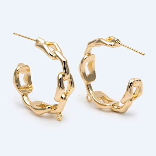 4pcs Gold plated Ear Posts, Chain Hoop Earrings with Loop, Rustic Stud Earrings, Chunky Hoop Earrings (GB-2766)