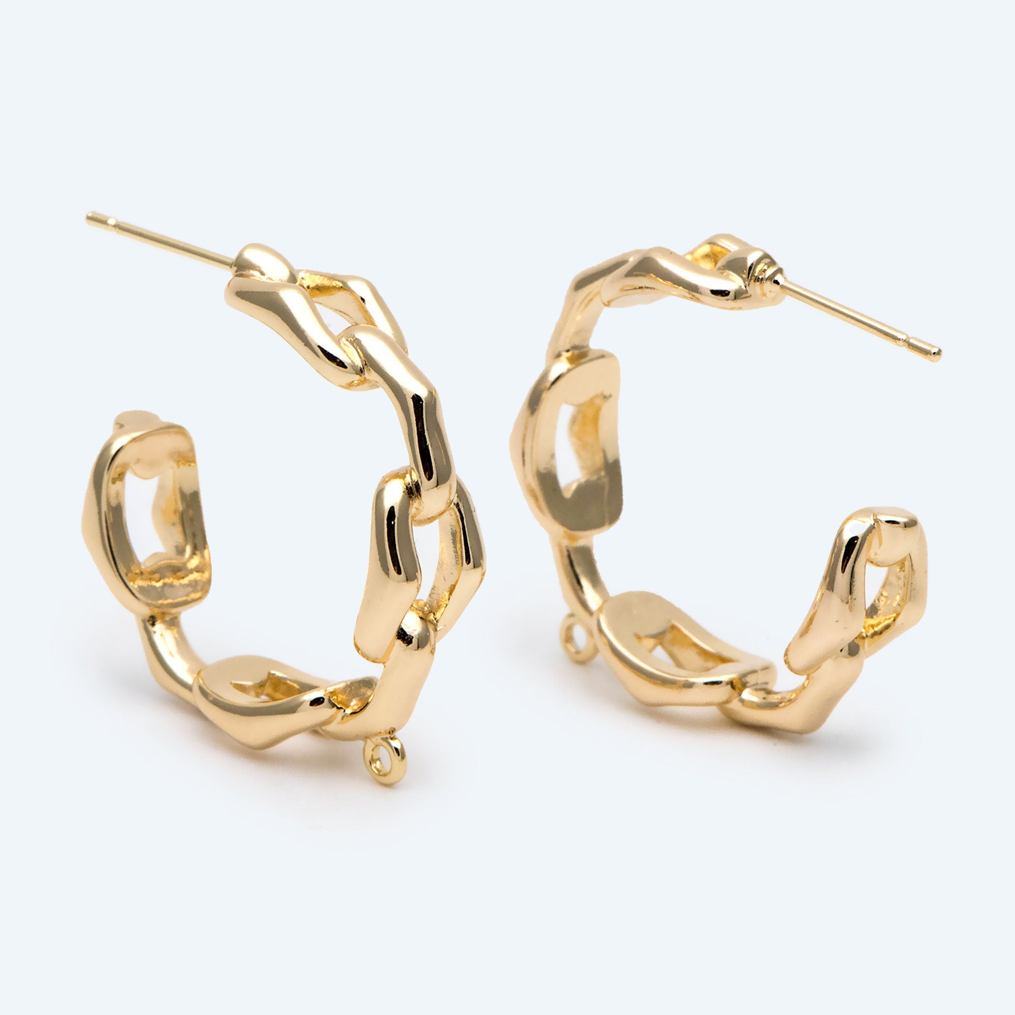 4pcs Gold plated Ear Posts, Chain Hoop Earrings with Loop, Rustic Stud Earrings, Chunky Hoop Earrings (GB-2766)