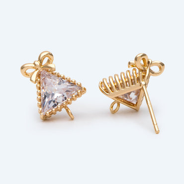 4pcs CZ Pave Bowknot Triangle Earring with Loop, 18K Gold Plated Brass, Christmas Bowknot Triangle Stud Earrings (#GB-2771)