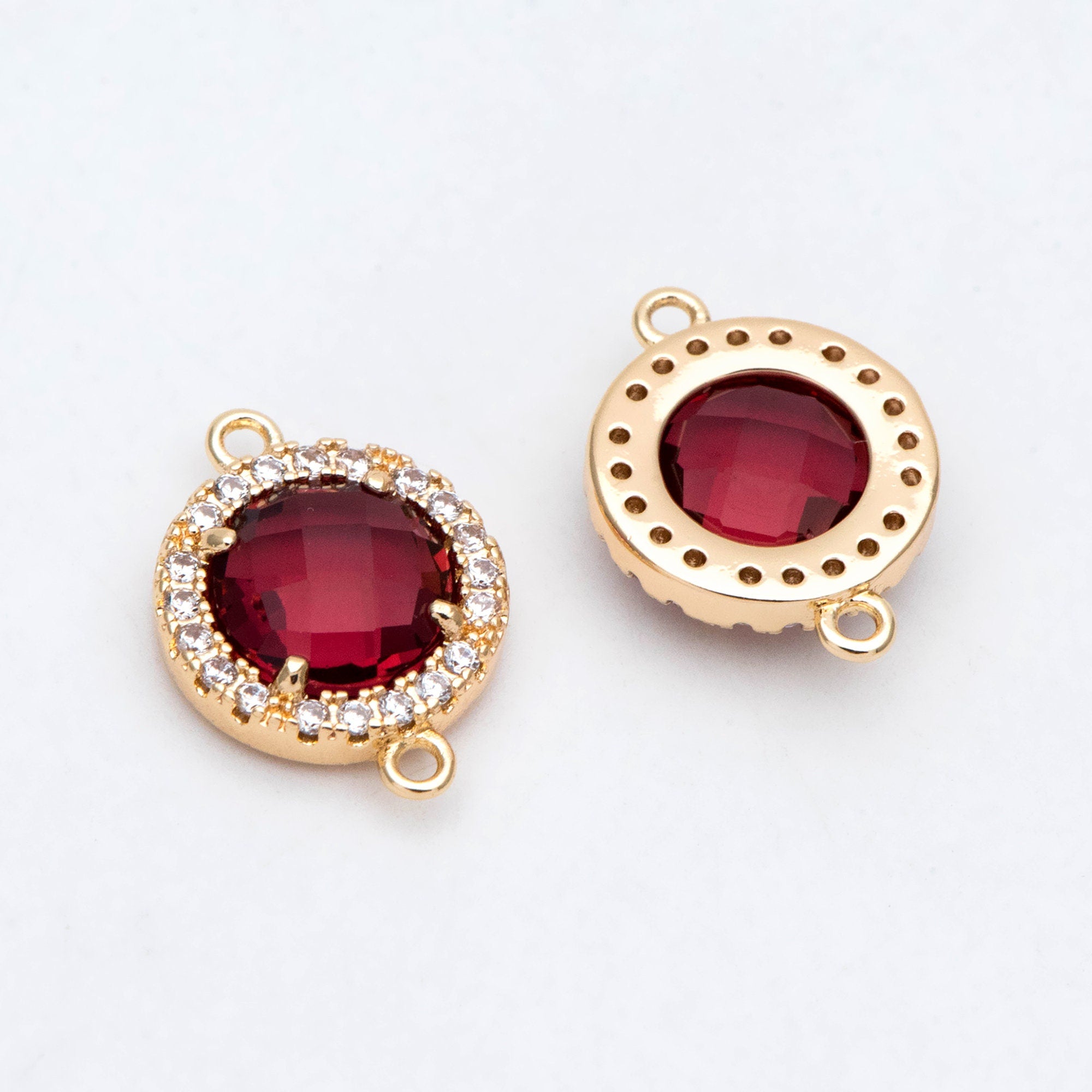 4pcs CZ Pave Gold Framed Glass Connector 16x12mm, Circle Bezel Charm Pendants (GB-2881)