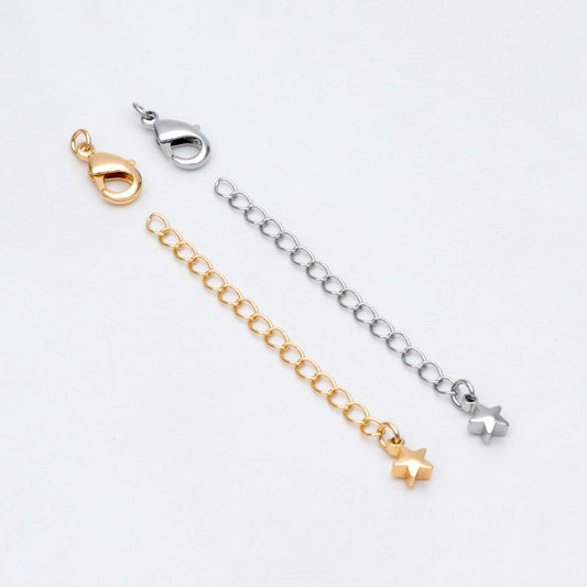 10pcs Lobster Claw Clasps with Star Extender Chain 70mm, Gold/ Rhodium plated Brass, 3mm Wide Extension Chain (GB-100-C)