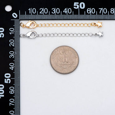 10pcs Lobster Claw Clasps with Star Extender Chain 70mm, Gold/ Rhodium plated Brass, 3mm Wide Extension Chain (GB-100-C)