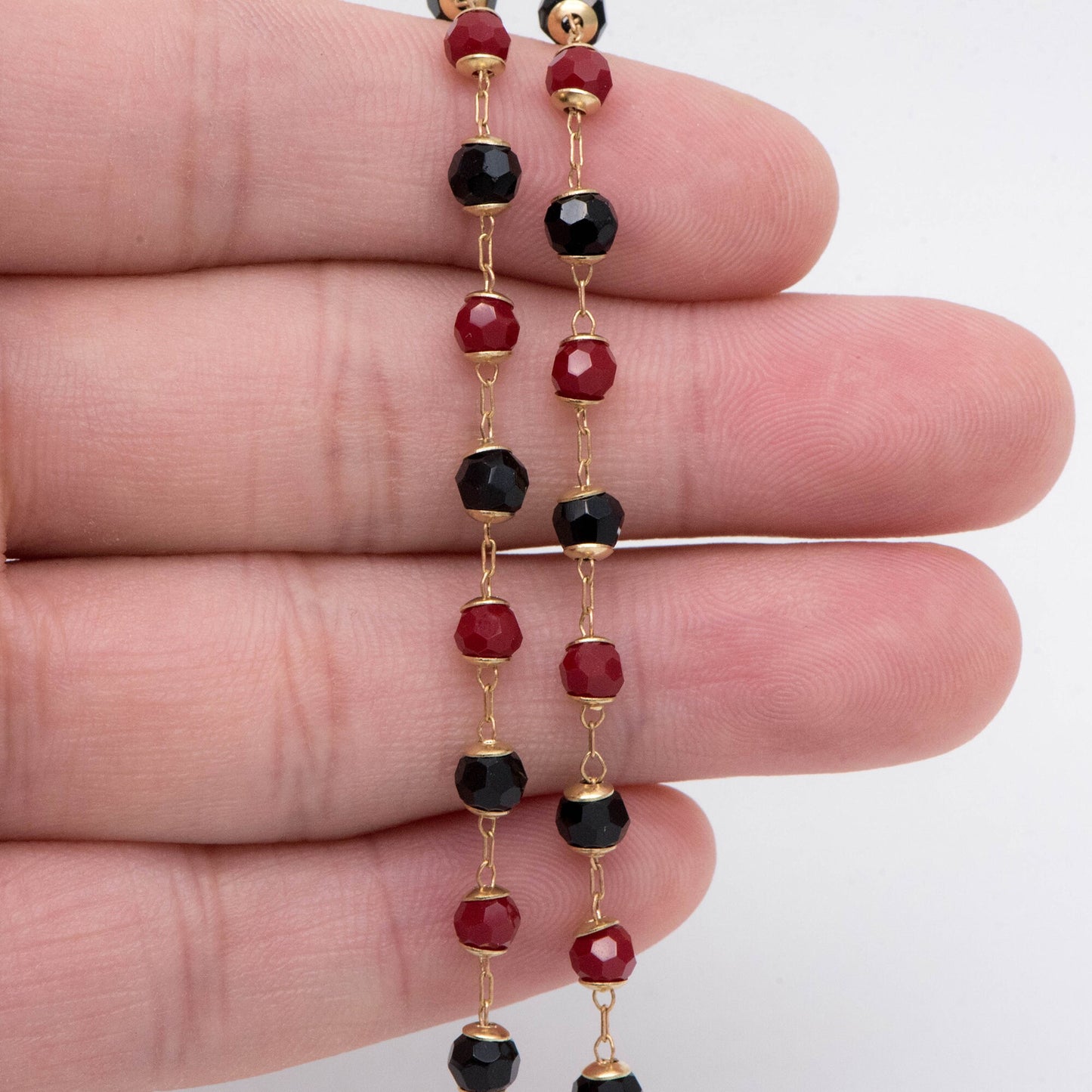 Glass Bead Chain, Red and Black, Raw Brass Chain, Crystal Beaded Chain, Chain Findings Wholesale (#LK-496)/ 1 Meter=3.3 ft