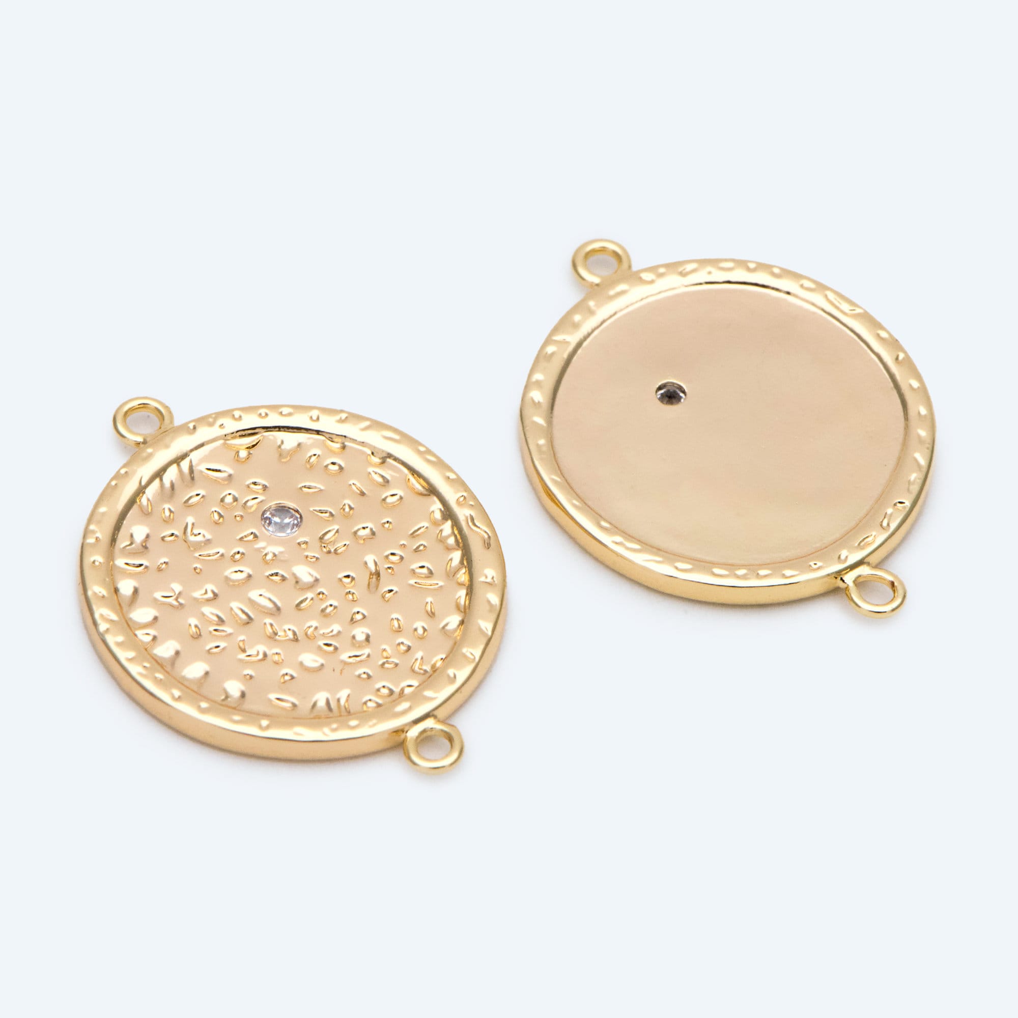 4pcs CZ Pave Gold Round Hammered Disc Connectors, Gold plated Brass Coin Disk Charms (GB-2848)