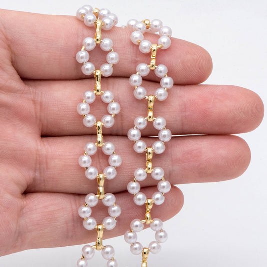 Gold Faux Pearl Hoop Chain, 18K Gold plated Brass Beaded Chain with Faux Pearl (LK-506) / 1 meter= 3.3ft